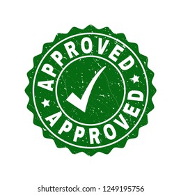 Vector Approved grunge stamp seal with tick inside. Green Approved mark with grunge surface. Round rubber stamp imprint.