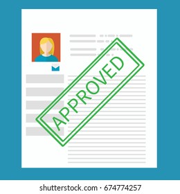 Vector Approved paper document concept. Green Approved stamp on worker profile. Vector flat illustration. -stock vector