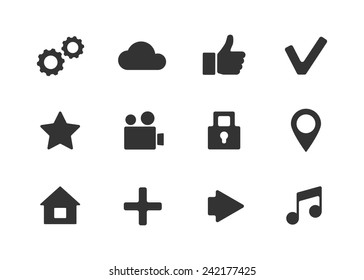 Vector apps icon set with cloud, home, check, video, lock, pointer, music, arrow, star icons over white background.