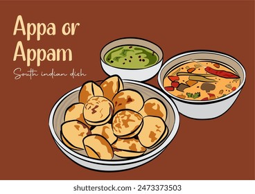 vector of Appum or Appe, Appam or Mixed dal or Rava Appe served with sambar. A Ball shape popular south Indian breakfast dish