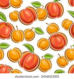 Vector Apricot and Peach seamless pattern, decorative background with flying cartoon fruits for wrapping paper, square placard with flat lay apricots and peaches with green leaves on white background