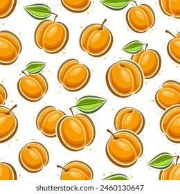 Vector Apricot Seamless Pattern, decorative background with flying cartoon ripe apricots for wrapping paper, square placard with flat lay outline raw apricot fruits with green leaf on white background
