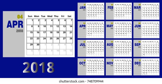 Vector April 2018 new year calendar blue and yellow color,Holiday event planner,Week Starts Sunday