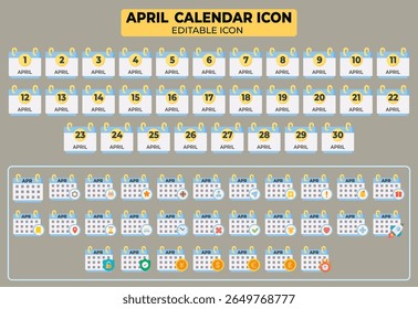 Vector April calendar icon set design for events, schedule planning and management with full month