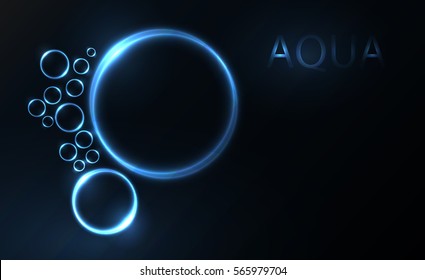 Vector aqua background. Blue water bubbles isolated on dark background.