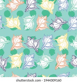 Vektor aqua bunten Reihen von Murex Muscheln wiederholen Muster mit Polka Punkte Hintergrund. Geeignet für Geschenkverpackungen, Textilien und Tapeten.
