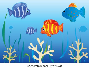 vector aquarium with corals and tropical fishes