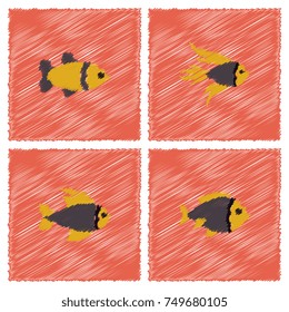 Vector aquarium fish silhouette illustration vector stock collection in Hatching style