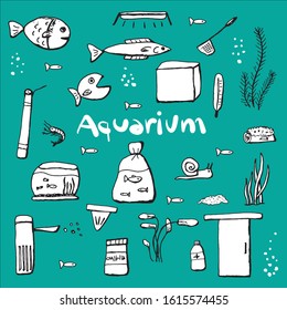 Vector aquarium icon set. Fish and accessories. Illustration in sketch style.
