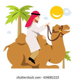 Vector Arab Cameleer. Riding a camel. Flat style colorful Cartoon illustration.