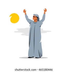Vector Arab Cartoon Illustration. The man welcomes the start of the day raised his hands to the sky. Unusual Logo template isolated on a white background
