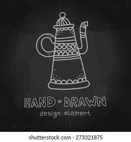 Vector Arab coffee pot. Antique Arabian teapot. Hand drawn chalkboard mockup for restaurant menu, cafeteria advertising stylized drawing with chalk on blackboard.