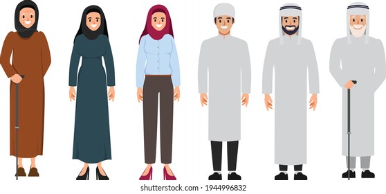 vector arab family and muslim people and saudi cartoon man and woman.