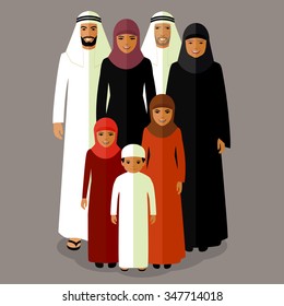 vector arab family, muslim people, saudi cartoon man and woman