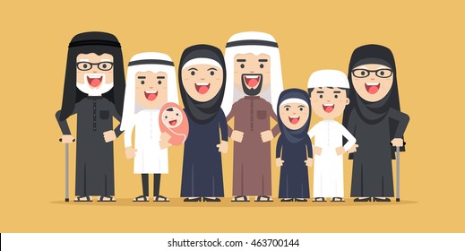 vector arab family, muslim people, saudi cartoon man and woman. Arab people father, mother, son, daughter, grandmother and grandfather standing together