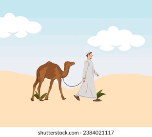  vector arab man with one hump camel in desert, desert view vector,arab man , beautiful view 