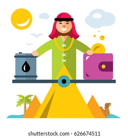 Vector Arab Petroleum Industry. Saudi oil wealth concept. Flat style colorful Cartoon illustration.