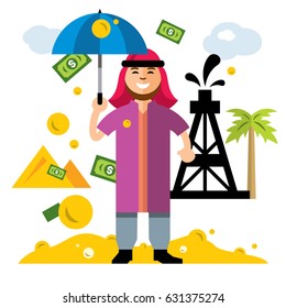 Vector Arab Petroleum Industry. Saudi oil wealth. Money rain. Flat style colorful Cartoon illustration.