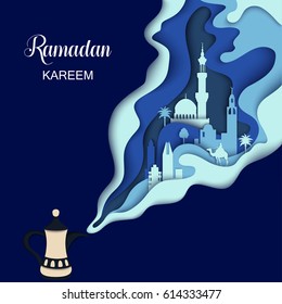 Vector arab tea pot. Kettle steam has the shape of mosque and arabian city. Ramadan Kareem greeting background, poster, banner. Creative design for Ramadan advertising campaign. Realistic paper art