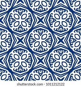 Vector arabesque pattern. Seamless flourish background with dark blue floral elements. Intricate ornate lines. Arabic decorative design. Square tile. Symmetrical ornament. Oriental illustration.