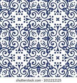 Vector arabesque pattern. Seamless flourish background with dark blue floral elements. Intricate ornate lines. Arabic decorative design. Square tile. Symmetrical ornament. Oriental illustration.