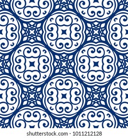 Vector arabesque pattern. Seamless flourish background with dark blue floral elements. Intricate ornate lines. Arabic decorative design. Square tile. Symmetrical ornament. Oriental illustration.