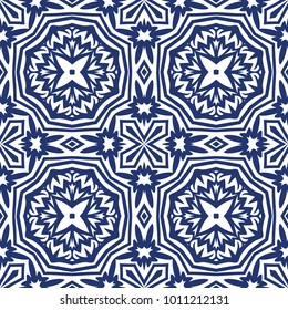 Vector arabesque pattern. Seamless flourish background with dark blue floral elements. Intricate ornate lines. Arabic decorative design. Square tile. Symmetrical ornament. Oriental illustration.