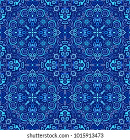 Vector arabesque pattern. Seamless flourish background with dark blue forged elements. Intricate ornate lines. Arabic decorative design. Square tile. Symmetrical ornament. Oriental illustration.