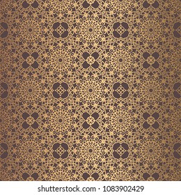 Vector arabesque pattern. Seamless flourish background with golden floral elements. Intricate ornate lines. Arabic decorative design. Square tile. Symmetrical ornament. Oriental illustration.