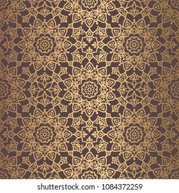 Vector arabesque pattern. Seamless flourish mandala background with golden floral elements. Intricate ornate lines. Arabic decorative design. Square tile. Symmetrical ornament. Oriental illustration.