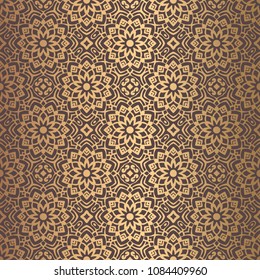 Vector arabesque pattern. Seamless flourish mandala background with golden floral elements. Intricate ornate lines. Arabic decorative design. Square tile. Symmetrical ornament. Oriental illustration.