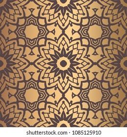 Vector arabesque pattern. Seamless flourish background with golden floral elements. Intricate ornate lines. Arabic decorative design. Square tile. Symmetrical ornament. Oriental illustration.