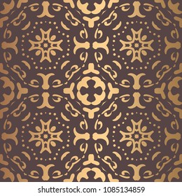 Vector arabesque pattern. Seamless flourish background with golden floral elements. Intricate ornate lines. Arabic decorative design. Square tile. Symmetrical ornament. Oriental illustration.