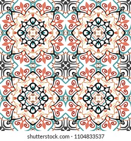 Vector arabesque pattern. Seamless flourish mandala background with colorful floral elements. Intricate ornate lines. Arabic decorative design. Square tile. Symmetrical ornament. Oriental illustration