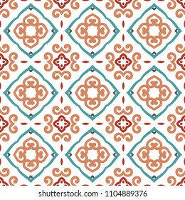 Vector arabesque pattern. Seamless flourish mandala background with colorful floral elements. Intricate ornate lines. Arabic decorative design. Square tile. Symmetrical ornament. Oriental illustration