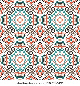 Vector arabesque pattern. Seamless flourish mandala background with colorful floral elements. Intricate ornate lines. Arabic decorative design. Square tile. Symmetrical ornament. Oriental illustration