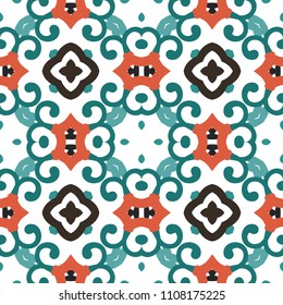 Vector arabesque pattern. Seamless flourish mandala background with colorful floral elements. Intricate ornate lines. Arabic decorative design. Square tile. Symmetrical ornament. Oriental illustration