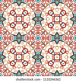 Vector arabesque pattern. Seamless flourish mandala background with colorful floral elements. Intricate ornate lines. Arabic decorative design. Square tile. Symmetrical ornament. Oriental illustration