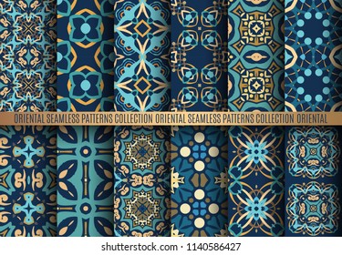 Vector arabesque patterns. Blue seamless flourish backgrounds. Colorful abstract flower floral design. Intricate ornate lines. Arabic decorative ornament. Square tile oriental capsule collection