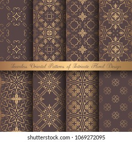 Vector arabesque patterns. Seamless flourish backgrounds. Golden abstract flower and floral design elements. Intricate ornate lines. Arabic decorative ornament. Square tile oriental capsule collection