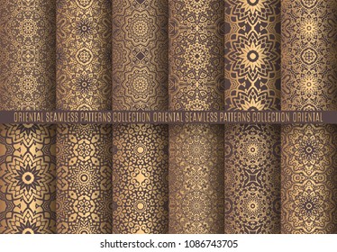 Vector arabesque patterns. Seamless flourish backgrounds. Golden abstract flower and floral design elements. Intricate ornate lines. Arabic decorative ornament. Square tile oriental capsule collection