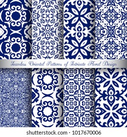 Vector arabesque patterns set. Seamless flourish backgrounds with abstract flowers and floral elements. Intricate ornate lines. Arabic decorative design. Square tile. Oriental symmetrical ornament.