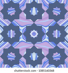 Vector arabesque seamless pattern with cross, star, stylized flower and marbled colorful pink and blue texture. Repeating mosaic print for textile, fabric, cloth, wrapping, interior design, pillow