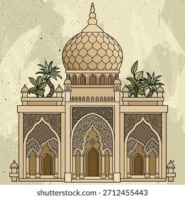 Fachada de edificio árabe de Vector con puerta arqueada, detalles turquesas y plantas, diseño arquitectónico oriental. Dibujado a mano, no AI