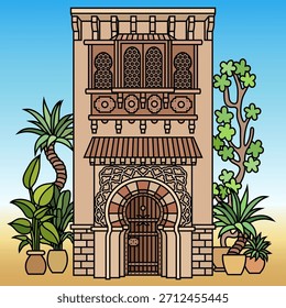 Fachada de edificio árabe de Vector con puerta arqueada, detalles turquesas y plantas, diseño arquitectónico oriental. Dibujado a mano, no AI