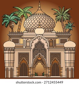 Fachada de edifício árabe vetor com porta arqueada, detalhes turquesa, e plantas, design de arquitetura oriental. Desenhado à mão, não com IA