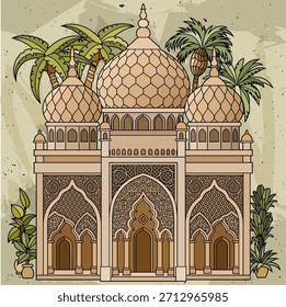 Fachada de edificio árabe de Vector con puerta arqueada, detalles turquesas y plantas, diseño arquitectónico oriental. Dibujado a mano, no AI