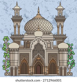 Fachada de edificio árabe de Vector con puerta arqueada, detalles turquesas y plantas, diseño arquitectónico oriental. Dibujado a mano, no AI