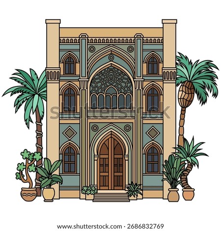 Vector Arabian building facade with arched doorway, turquoise details, and plants, oriental architecture design. Hand drawn, not AI