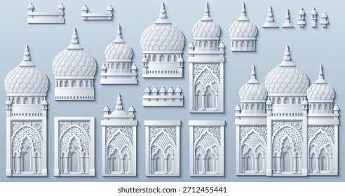 Vector Arabian city buildings set in white paper style with domes, arches, and towers for oriental design. Hand drawn, not AI